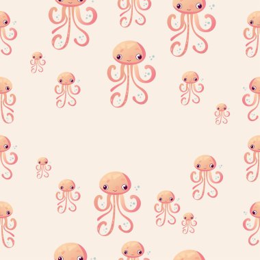 Mutlu ve komik deniz çizgi filmi ahtapot canavar yüzüyor ve arka planda ışığa bakıyor. Çocuklar için düz vektör illüstrasyonu.