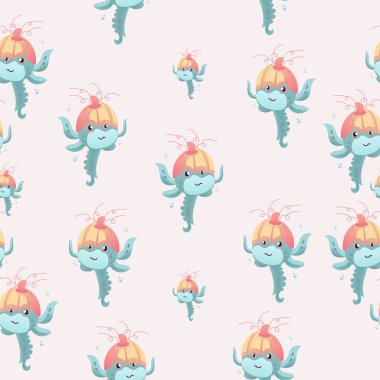 Mutlu ve komik deniz çizgi filmi ahtapot canavar yüzüyor ve arka planda ışığa bakıyor. Çocuklar için düz vektör illüstrasyonu.