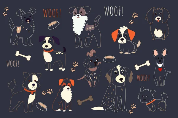 Χαριτωμένα Σκυλιά Doodle Διάνυσμα Που Cartoon Σκυλί Κουτάβι Χαρακτήρες Σχεδιαστική — Διανυσματικό Αρχείο