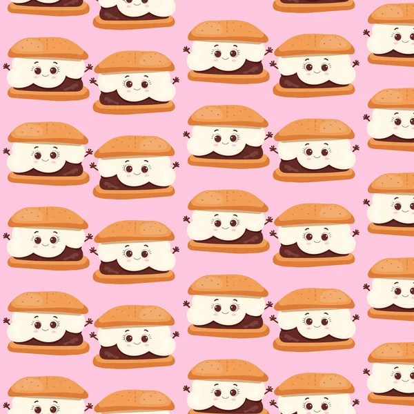 Pattern Marshmallow Cartoon Character Con Uno Zaino Cioccolato Graham Crackers — Vettoriale Stock