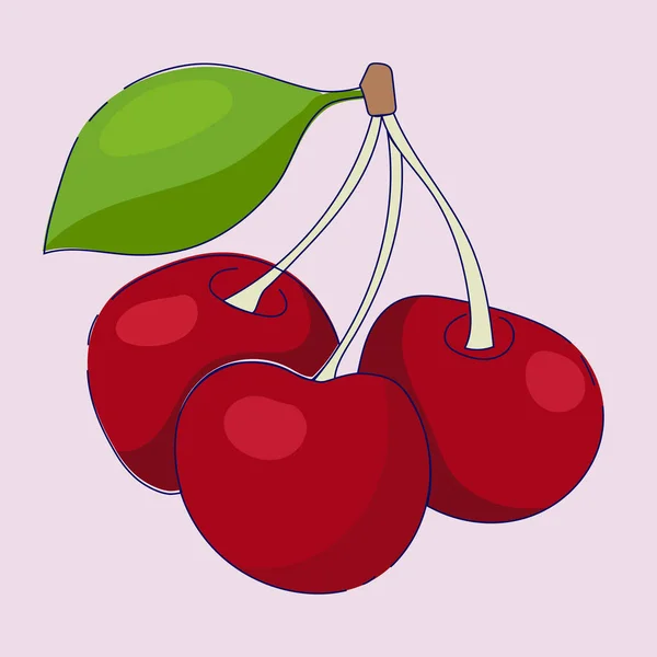 Realistische Kirsche Mit Frischen Blättern Rot Saftig Auf Rosa Hintergrund — Stockvektor