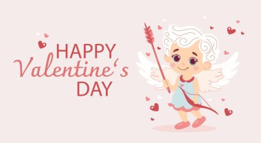 Kalpten romantizm: Sevgililer Günü vektör illüstrasyonunda kalpler ve aşk tanrısı. Açık pembe arkaplanda kartpostal