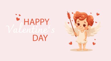 Kalpten romantizm: Sevgililer Günü vektör illüstrasyonunda kalpler ve aşk tanrısı. Açık pembe arkaplanda kartpostal