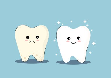 Sarı plakalı şirin beyaz diş ve dişler. Diş lekesi tedavisi, temizlik, beyazlatma konsepti. Düz çizgi film emoji karakteri çizimi. Mavi arka planda diş macunu lekeli.