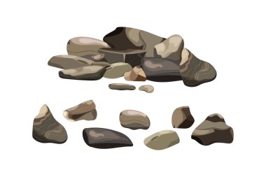 Kıyı çakıl taşları, çakıl taşları, çakıl taşları, mineraller ve jeolojik oluşumlar. Çeşitli şekillerdeki taşlar. Kaya parçaları, kayalar ve yapı malzemeleri..