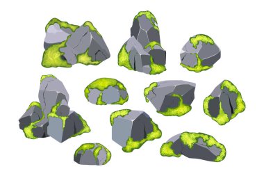 Kıyı çakıl taşları, çakıl taşları, çakıl taşları, mineraller ve jeolojik oluşumlar. Kaya parçaları, kaya parçaları, çeşitli şekil ve bitkilerden oluşan taşlar, beyaz arkaplanda izole edilmiş bilgisayar oyunları için toplanıyor..