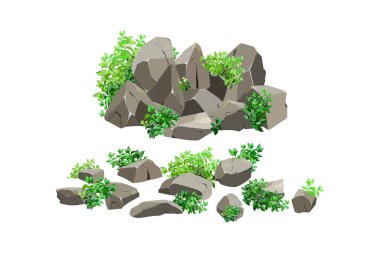 Kıyı çakıl taşları, çakıl taşları, çakıl taşları, mineraller ve jeolojik oluşumlar. Kaya parçaları, kaya parçaları, çeşitli şekil ve bitkilerden oluşan taşlar, beyaz arkaplanda izole edilmiş bilgisayar oyunları için toplanıyor..