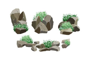 Kıyı çakıl taşları, çakıl taşları, çakıl taşları, mineraller ve jeolojik oluşumlar. Kaya parçaları, kaya parçaları, çeşitli şekil ve bitkilerden oluşan taşlar, beyaz arkaplanda izole edilmiş bilgisayar oyunları için toplanıyor..