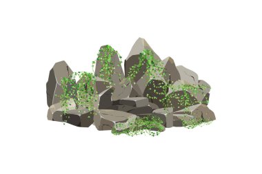 Kıyı çakıl taşları, çakıl taşları, çakıl taşları, mineraller ve jeolojik oluşumlar. Kaya parçaları, kaya parçaları, çeşitli şekil ve bitkilerden oluşan taşlar, beyaz arkaplanda izole edilmiş bilgisayar oyunları için toplanıyor..