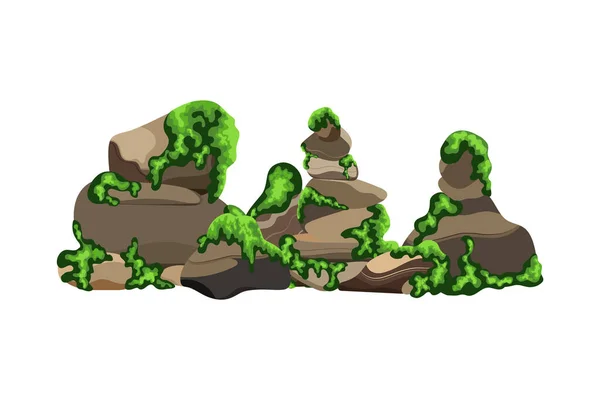 Kuststenar Kullerstenar Grus Mineraler Och Geologiska Formationer Med Gröna Lavar — Stock vektor