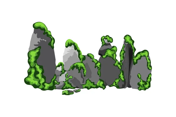 Pobřežní Oblázky Dlažební Kostky Štěrk Minerály Geologické Útvary Zeleným Lišejníkem — Stockový vektor