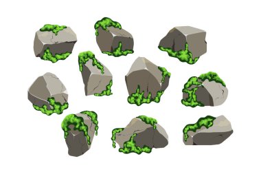 Kıyı çakıl taşları, çakıl taşları, mineraller ve yeşil lichenli jeolojik oluşumlar. Yeşil yosunlu çeşitli şekillerde taşlar. Kaya parçaları, kayalar ve yapı malzemeleri..