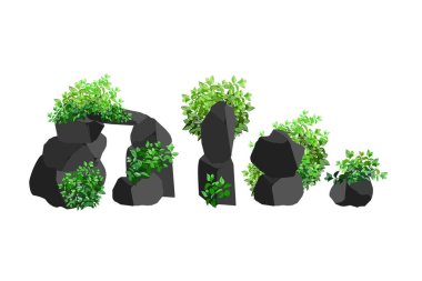 Kömür, grafit, bazalt ve antrasit koleksiyonu. Çeşitli şekil ve bitkilerden oluşan siyah kömür seti. Bir madende maden ve maden kavramı. Kaya parçaları ve kayalar..