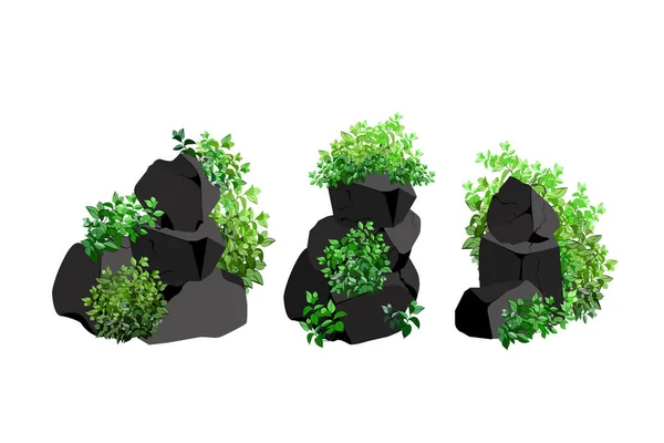 收集煤 玄武岩和无烟煤 各种形状和各种植物的一套黑色木炭 矿中采矿和矿石的概念 岩石碎片和巨石 — 图库矢量图片