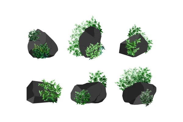 收集煤 玄武岩和无烟煤 各种形状和各种植物的一套黑色木炭 矿中采矿和矿石的概念 岩石碎片 — 图库矢量图片