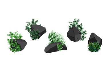 Kömür, grafit, bazalt ve antrasit koleksiyonu. Çeşitli şekil ve bitkilerden oluşan siyah kömür seti. Bir madende maden ve maden kavramı. Kaya parçaları, kayalar..