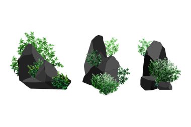 Kömür, grafit, bazalt ve antrasit koleksiyonu. Çeşitli şekil ve bitkilerden oluşan siyah kömür seti. Bir madende maden ve maden kavramı. Kaya parçaları, kayalar..