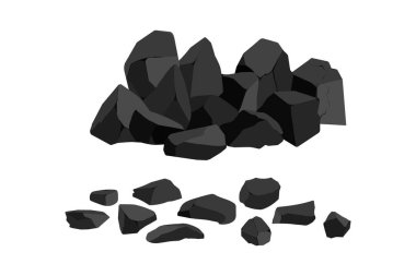 Kömür, grafit, bazalt ve antrasit koleksiyonu. Çeşitli şekillerde bir dizi siyah kömür. Madencilik ve maden konsepti. Kaya parçaları, kayalar ve yapı malzemeleri..