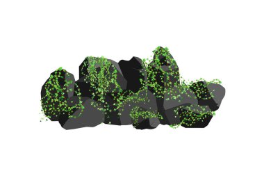 Kömür, grafit, bazalt ve antrasit koleksiyonu. Çeşitli şekil ve bitkilerden oluşan siyah kömür seti. Bir madende maden ve maden kavramı. Kaya parçaları, kayalar..