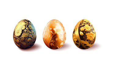 The main symbols of the spring holiday. Set of realistic Easter eggs with floral tracery on a white background.Vector Illustration.