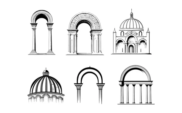 Elementos Básicos Arquitetura Grega Conjunto Ilustrações Vetoriais Arcos Antigos —  Vetores de Stock