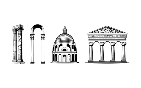 Eléments Base Architecture Grecque Ensemble Illustrations Vectorielles Arcs Antiques — Image vectorielle