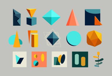 Bauhaus elementleri. Minimalist geometrik vahşi şekiller. Renkli temel Memphis soyut formları. Sanat vektörü modaya uygun modern renkler belirledi..