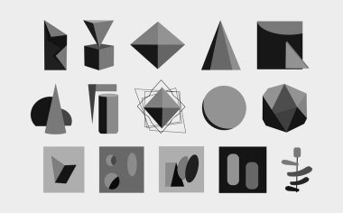 Bauhaus elementleri. Minimalist geometrik vahşi şekiller. Siyah temel memphis soyut formları. Sanat vektörü modern renklerde ayarlandı.