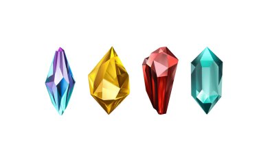 Işığı yansıtan farklı gölgelere sahip parlak kristaller. Çeşitli geometrik şekillerde, renklerde ve boyutlarda elmasların bir koleksiyonu. Gerçekçi parlak taş kümesi ya da renkli buz..