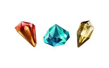 Işığı yansıtan farklı gölgelere sahip parlak kristaller. Çeşitli geometrik şekillerde, renklerde ve boyutlarda elmasların bir koleksiyonu. Gerçekçi parlak taş kümesi ya da renkli buz..