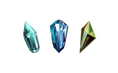 Işığı yansıtan farklı gölgelere sahip parlak kristaller. Çeşitli geometrik şekillerde, renklerde ve boyutlarda elmasların bir koleksiyonu. Gerçekçi parlak taş kümesi ya da renkli buz..
