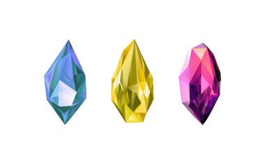 Işığı yansıtan farklı gölgelere sahip parlak kristaller. Çeşitli geometrik şekillerde, renklerde ve boyutlarda elmasların bir koleksiyonu. Gerçekçi parlak taş kümesi ya da renkli buz..