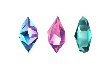 Işığı yansıtan farklı gölgelere sahip parlak kristaller. Çeşitli geometrik şekillerde, renklerde ve boyutlarda elmasların bir koleksiyonu. Gerçekçi parlak taş kümesi ya da renkli buz..