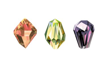 .Işığı yansıtan farklı gölgelere sahip parlak kristaller. Çeşitli geometrik şekillerdeki elmasların, renklerin ve boyutların oluşturduğu bir koleksiyon. Parlak değerli taş veya renkli buz kümesi..