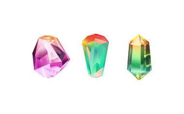 .Işığı yansıtan farklı gölgelere sahip parlak kristaller. Çeşitli geometrik şekillerdeki elmasların, renklerin ve boyutların oluşturduğu bir koleksiyon. Parlak değerli taş veya renkli buz kümesi..