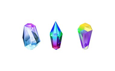 .Işığı yansıtan farklı gölgelere sahip parlak kristaller. Çeşitli geometrik şekillerdeki elmasların, renklerin ve boyutların oluşturduğu bir koleksiyon. Parlak değerli taş veya renkli buz kümesi..