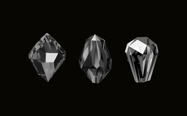 異なる色合いのガラス光沢のある結晶が光を反射します 様々な幾何学的形状やサイズの黒いダイヤモンドの画像のコレクション — ストックベクタ