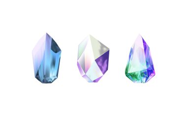 Işığı yansıtan farklı gölgelere sahip parlak kristaller. Çeşitli geometrik şekillerde, renklerde ve boyutlarda elmasların bir koleksiyonu. Gerçekçi parlak taş kümesi ya da renkli buz..