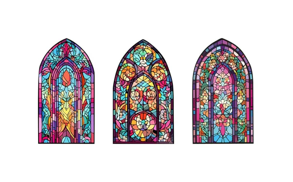 カトリックやキリスト教の装飾 教会のペインは 異なる形状の色のモザイクガラスで飾られました 抽象的な抽象的なペイントウィンドウの美しいコレクション — ストックベクタ