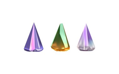 Işığı yansıtan farklı gölgelere sahip parlak kristaller. Çeşitli geometrik şekillerde, renklerde ve boyutlarda elmasların bir koleksiyonu. Gerçekçi parlak taş kümesi ya da renkli buz..