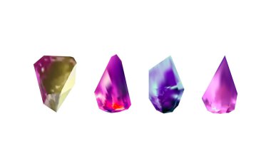 Işığı yansıtan farklı gölgelere sahip parlak kristaller. Çeşitli geometrik şekillerde, renklerde ve boyutlarda elmasların bir koleksiyonu. Gerçekçi parlak taş kümesi ya da renkli buz..