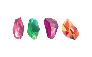Işığı yansıtan farklı gölgelere sahip parlak kristaller. Çeşitli geometrik şekillerde, renklerde ve boyutlarda elmasların bir koleksiyonu. Gerçekçi parlak taş kümesi ya da renkli buz..
