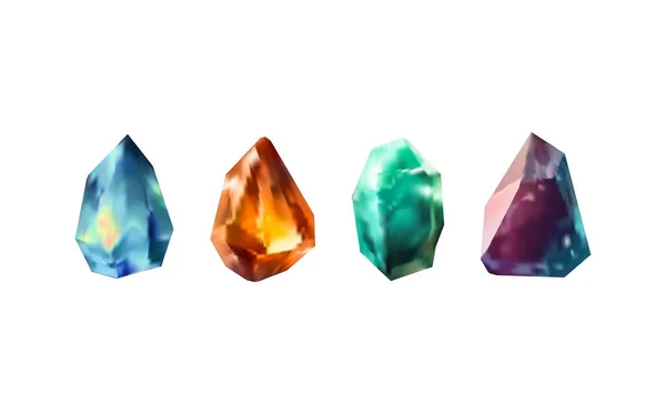 Işığı Yansıtan Farklı Gölgelere Sahip Parlak Kristaller Çeşitli Geometrik Şekillerde — Stok Vektör