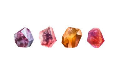 Işığı yansıtan farklı gölgelere sahip parlak kristaller. Çeşitli geometrik şekillerde, renklerde ve boyutlarda elmasların bir koleksiyonu. Gerçekçi parlak taş kümesi ya da renkli buz..