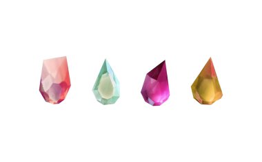 Işığı yansıtan farklı gölgelere sahip parlak kristaller. Çeşitli geometrik şekillerde, renklerde ve boyutlarda elmasların bir koleksiyonu. Gerçekçi parlak taş kümesi ya da renkli buz..