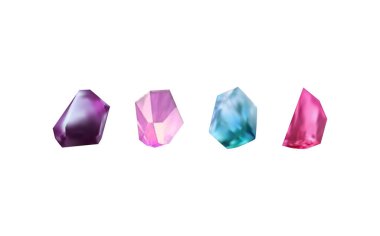 Işığı yansıtan farklı gölgelere sahip parlak kristaller. Çeşitli geometrik şekillerde, renklerde ve boyutlarda elmasların bir koleksiyonu. Gerçekçi parlak taş kümesi ya da renkli buz..