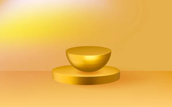 抽象幾何学的なプラットフォーム 空の3Dラウンド黄金の表彰台 ライトイエローミニマルな壁のシーン — ストックベクタ