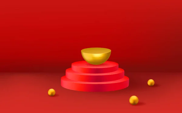 红色房间里的三维圆柱座 空旷的3D圆形红色讲台和金球 — 图库矢量图片