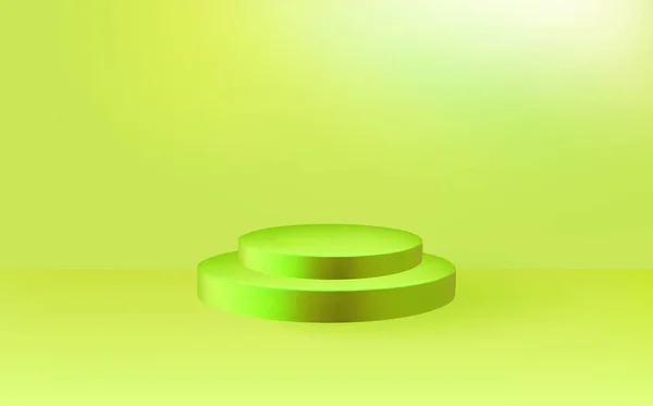 房间里的三维圆柱座 空旷的3D圆形绿色讲台和金球 — 图库矢量图片