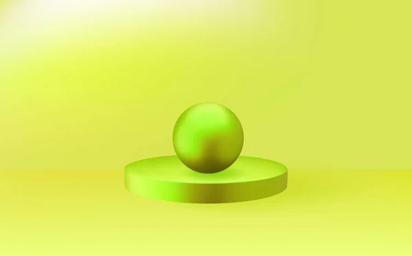 抽象的な部屋の現実的な3Dシリンダー台座 空の3Dラウンド緑の表彰台と黄金のボール — ストックベクタ
